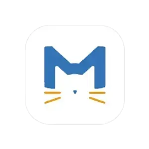 安卓桌面上 Clash Meta for Android 的图标,白底圆角方块,蓝色 M 字,下半部分是猫脸轮廓,左右各一撮黄色胡须