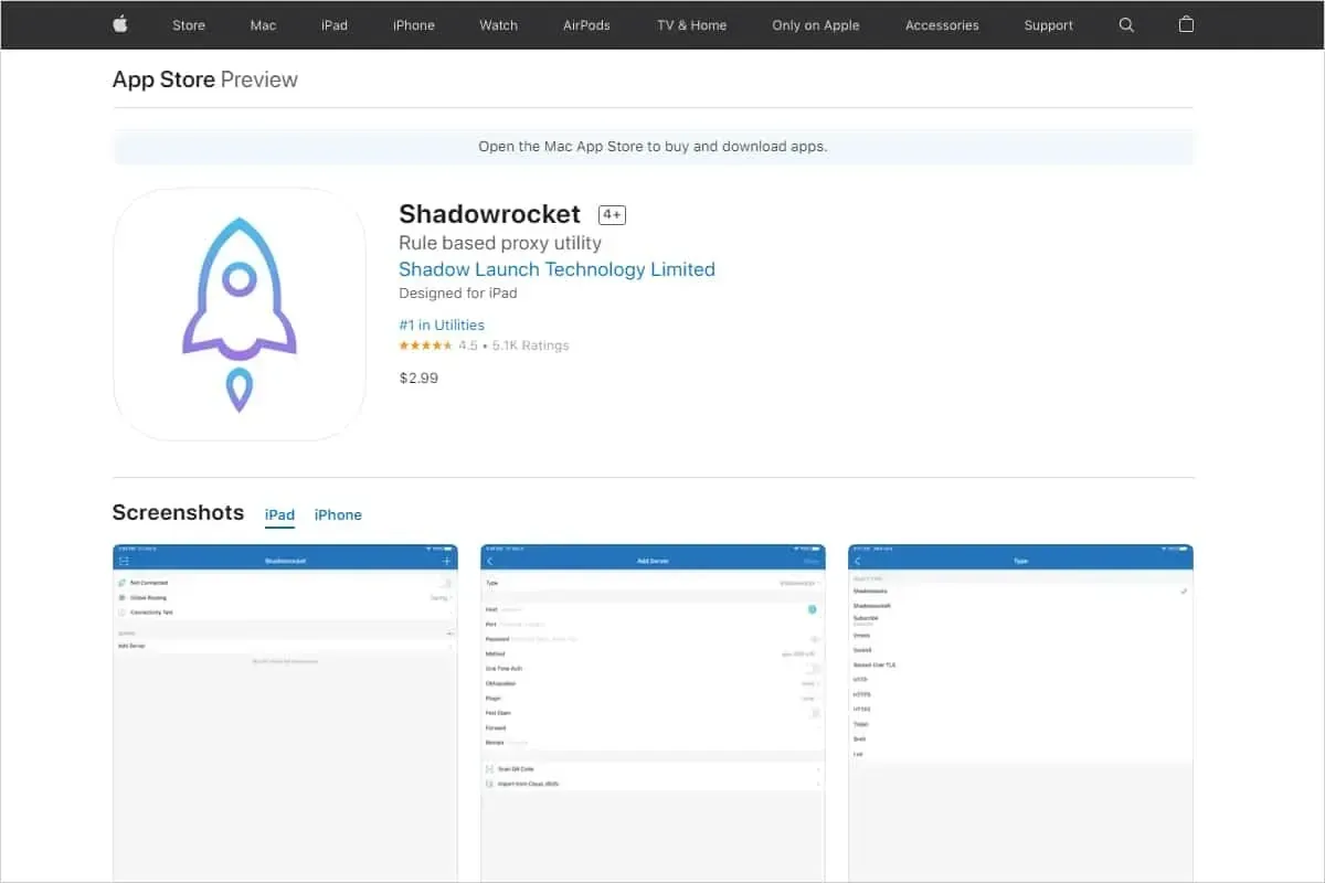 Apple 官网的 App Store 预览页,Shadowrocket 一栏写着开发商 Shadow Launch Technology Limited,价格 2.99 美元,4.5 分,评分人数 5.1K
