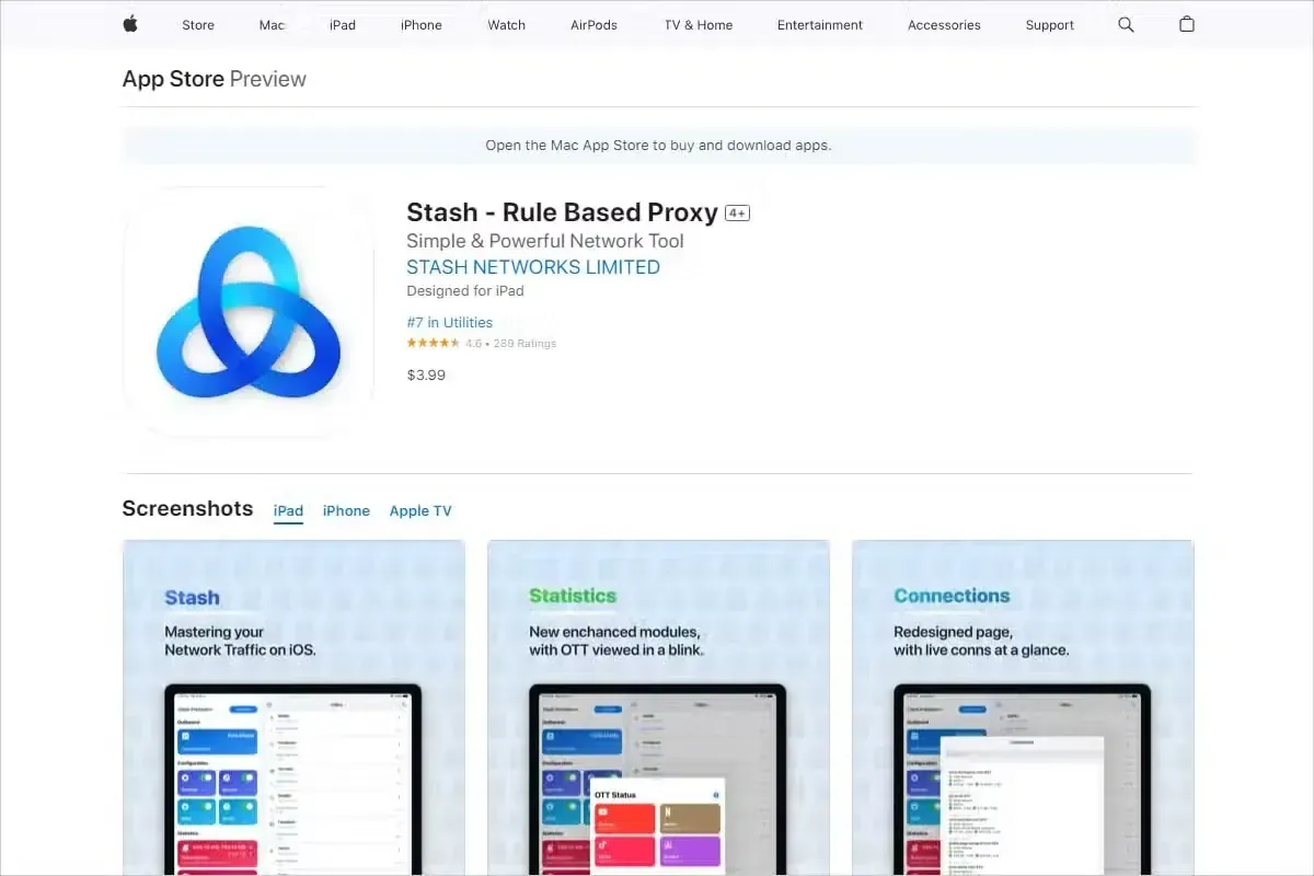 浏览器里打开的 App Store 预览页,Stash - Rule Based Proxy 一行下方是开发者名、4.6 分和 3.99 美元,预览区分 iPad、iPhone、Apple TV 三个标签