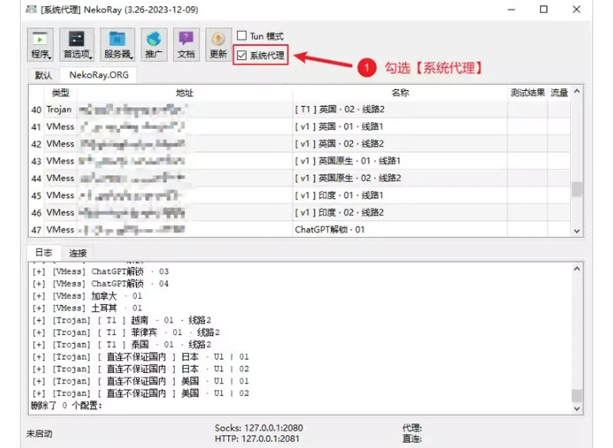NekoRay 标题栏末尾带着 [系统代理]，工具栏的系统代理勾选框被红框标出，节点表里是英国、印度等节点，地址已遮