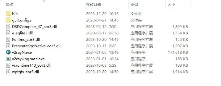 Windows 资源管理器打开的 v2rayN 目录,最上面是 bin、guiConfigs 两个文件夹,下面列着 v2rayN.exe、v2rayUpgrade.exe 以及若干 dll