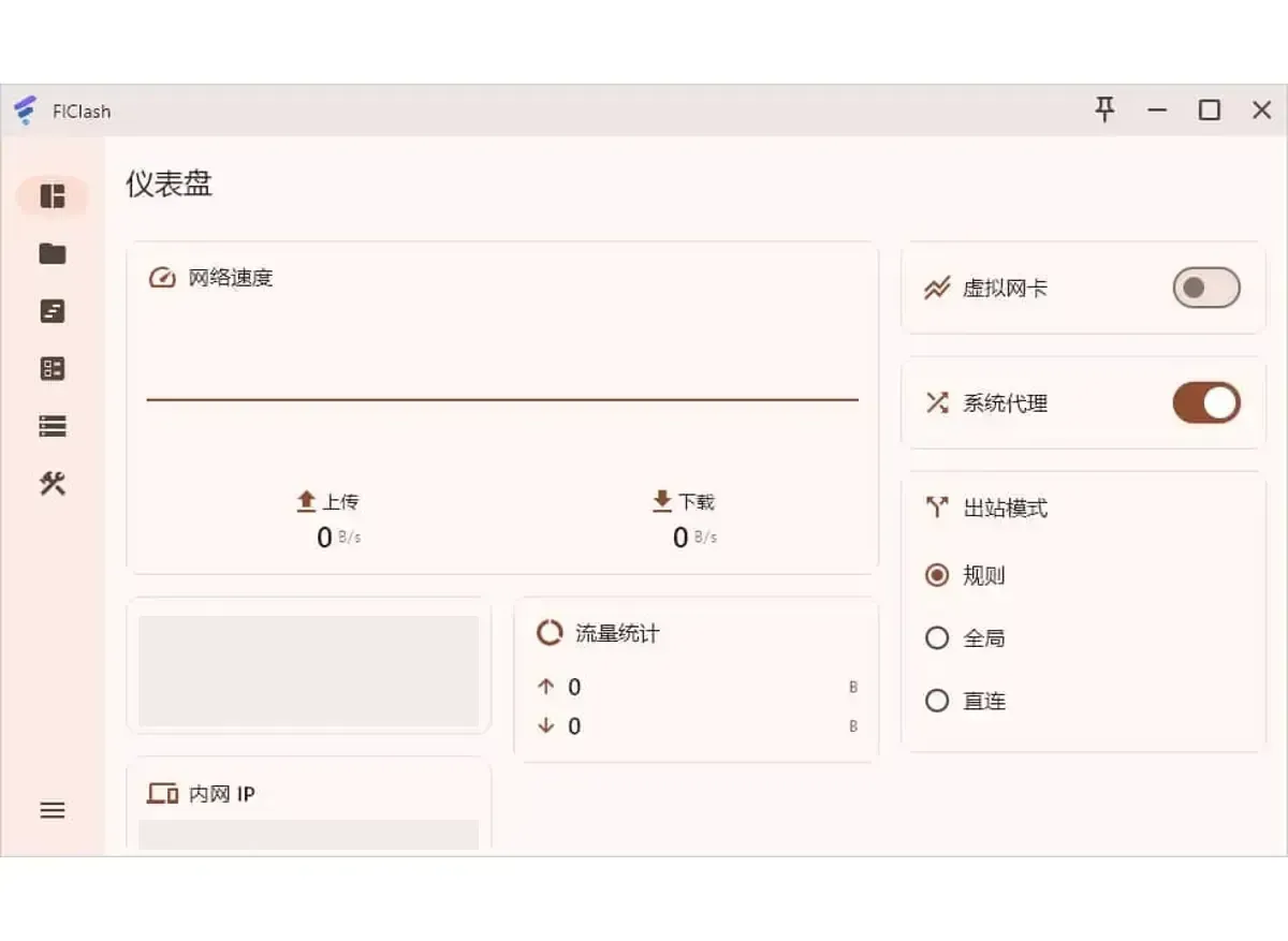 FlClash 仪表盘(借用 Windows 版窗口,右上角图钉等四个按钮 Mac 版没有),左栏只有图标,中部是网络速度、打码的 IP、流量统计三张卡片,右列系统代理开着