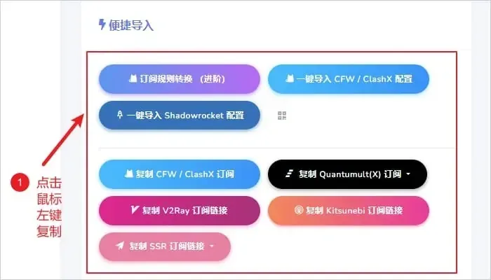 另一种机场面板上叫便捷导入的卡片，红框里分上下两行，上一行是订阅规则转换加两个一键导入按钮，下一行并排五个复制按钮，第一个是 CFW / ClashX，其余是 Quantumult(X)、V2Ray、Kitsunebi、SSR
