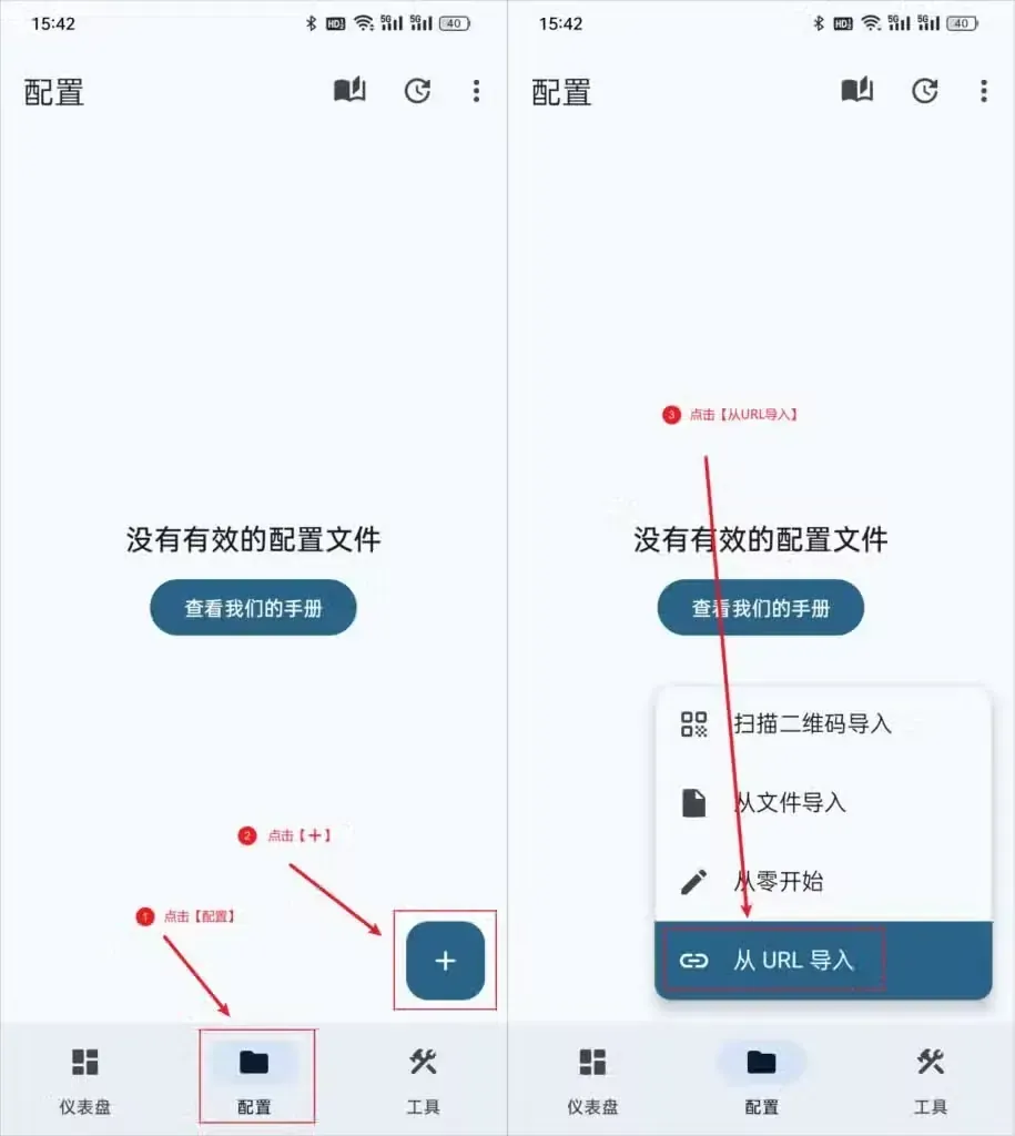 两张并排的 Surfboard 配置页截图,左图提示还没有配置文件,底栏配置和加号圈了红框,右图四项菜单里从 URL 导入圈了红框