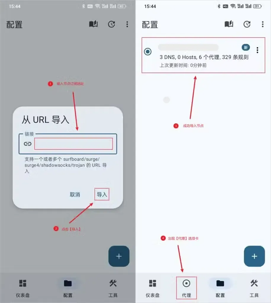 左图 Surfboard 的从 URL 导入对话框,链接框和导入键圈了红框;右图配置页多出一张名字遮住的卡片,底栏新增的代理圈了红框