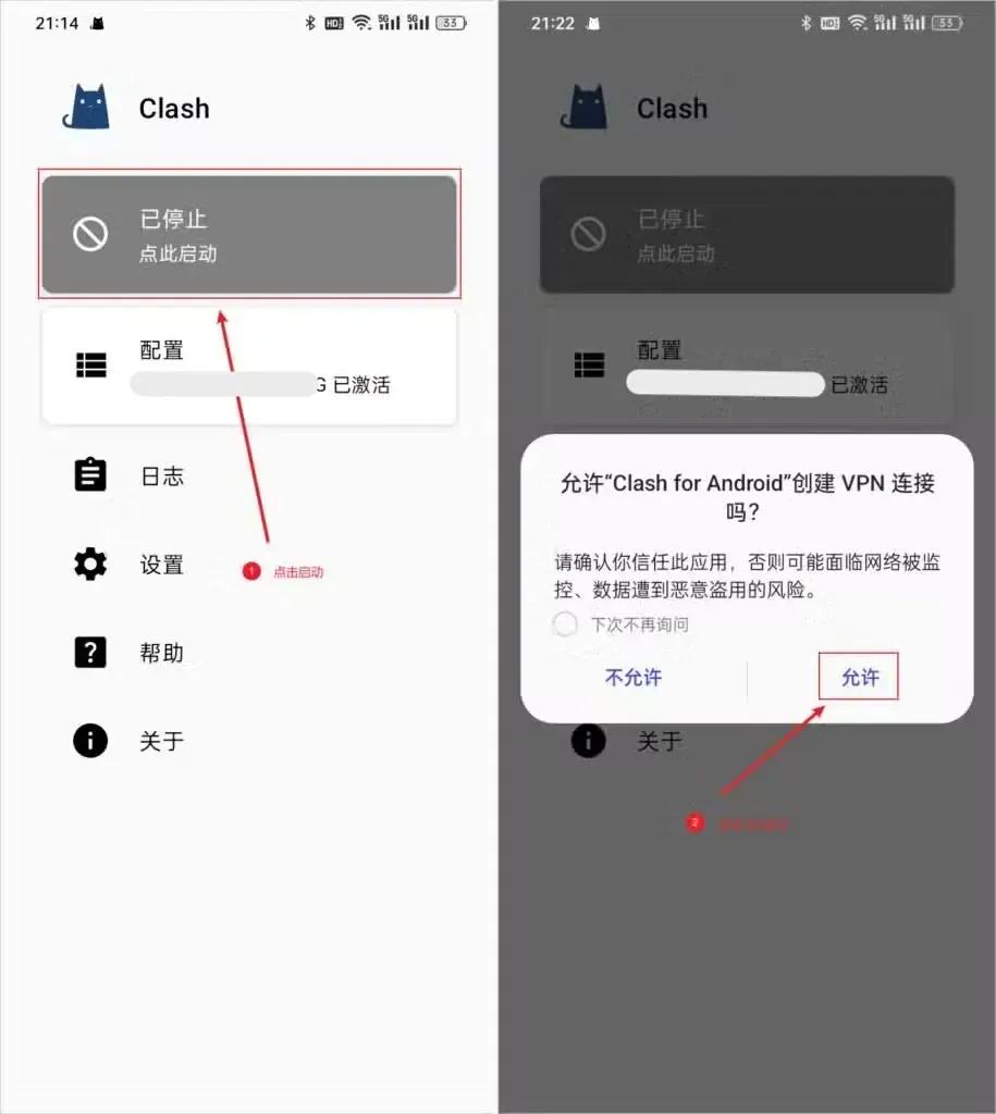 左图首页上配置卡片已变成已激活,上方的已停止卡片带红框;右图是安卓系统询问能否让 Clash for Android 建立 VPN 的对话框,允许按钮带红框