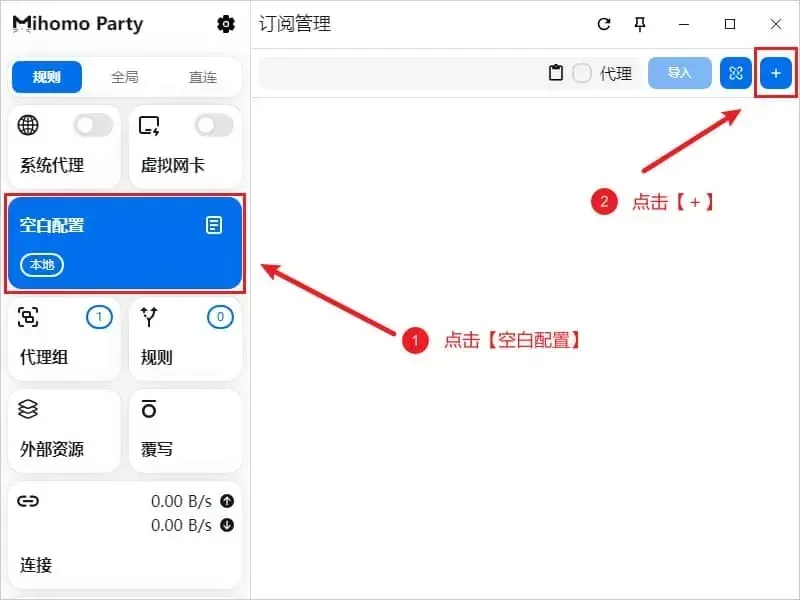 订阅管理页上两处标注，标注 1 圈着左栏那张空白配置卡片，标注 2 圈着右上角的蓝色加号