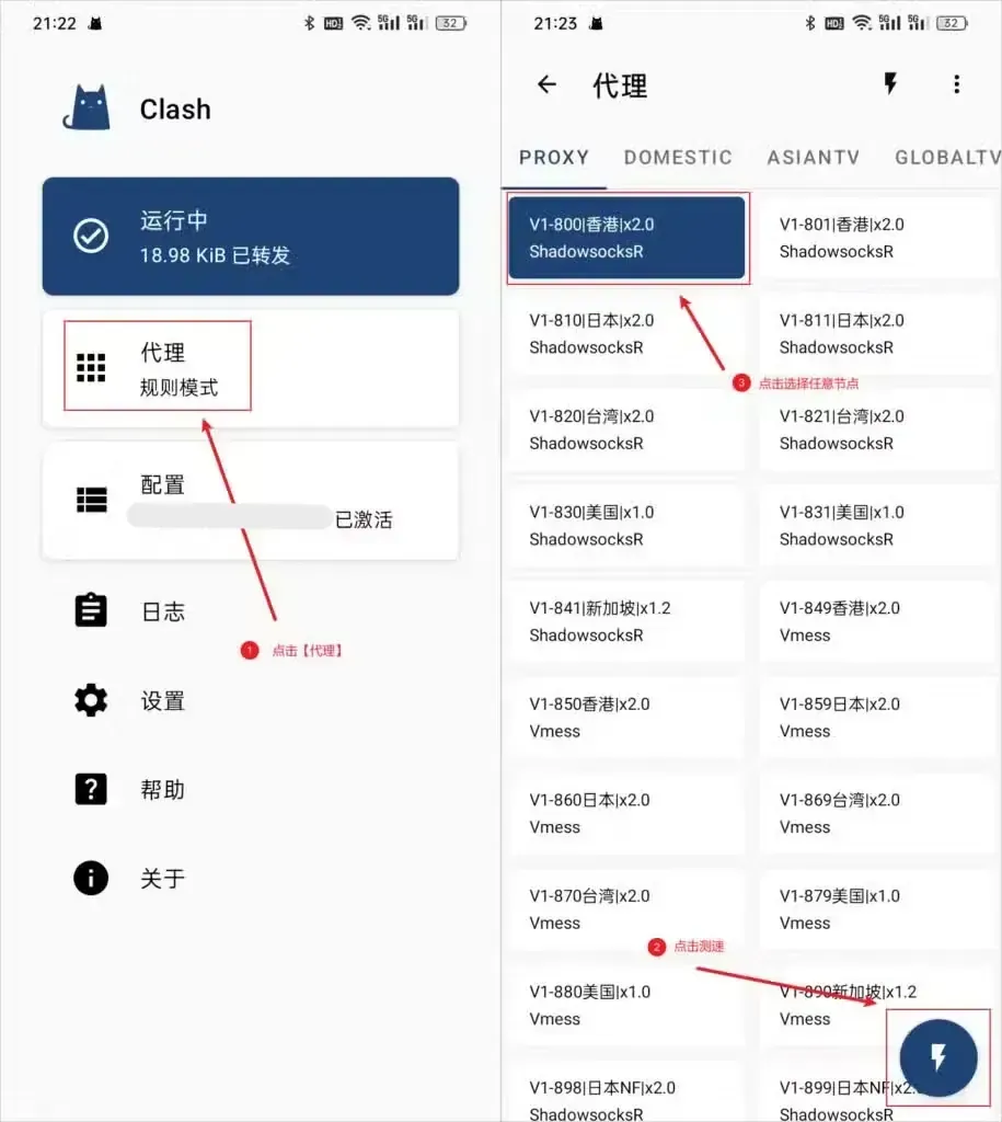 左图是启动后的首页,深蓝卡片标着运行中,已转发 18.98 KiB;右图代理页 PROXY 标签下一个香港节点已选中,右下角的闪电按钮被圈出