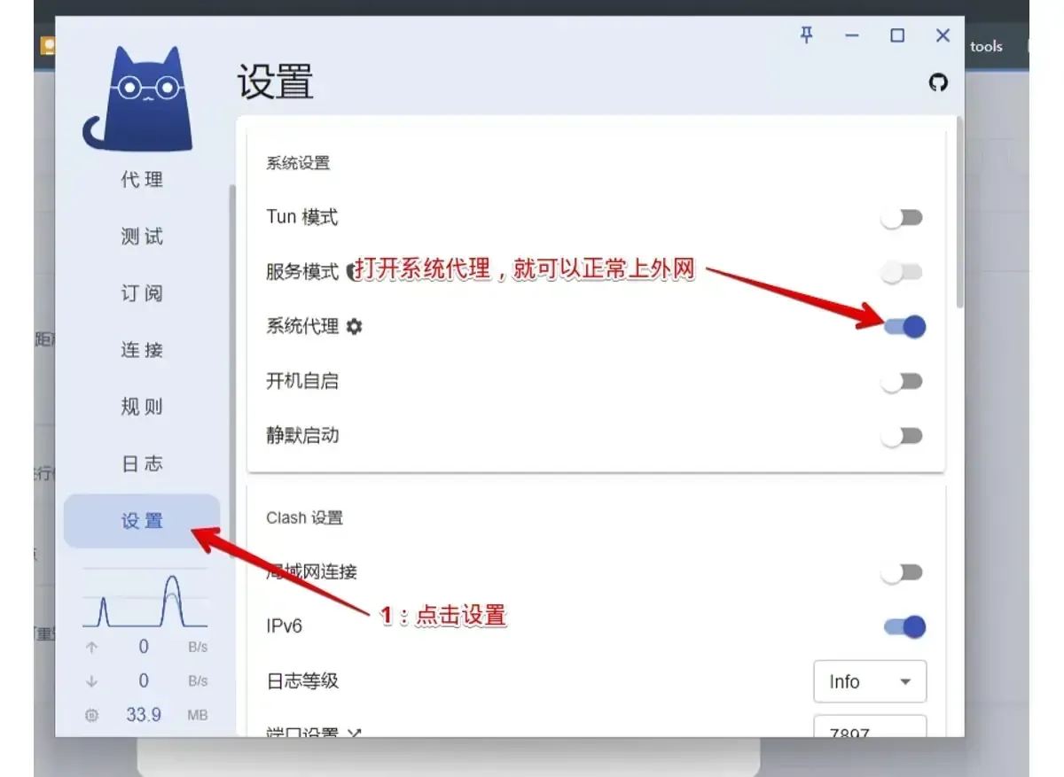 设置页，系统设置分组五个开关里只有系统代理为开，Clash 设置分组显示 IPv6 开、日志 Info、端口 7897，两处红箭头指向设置和开关