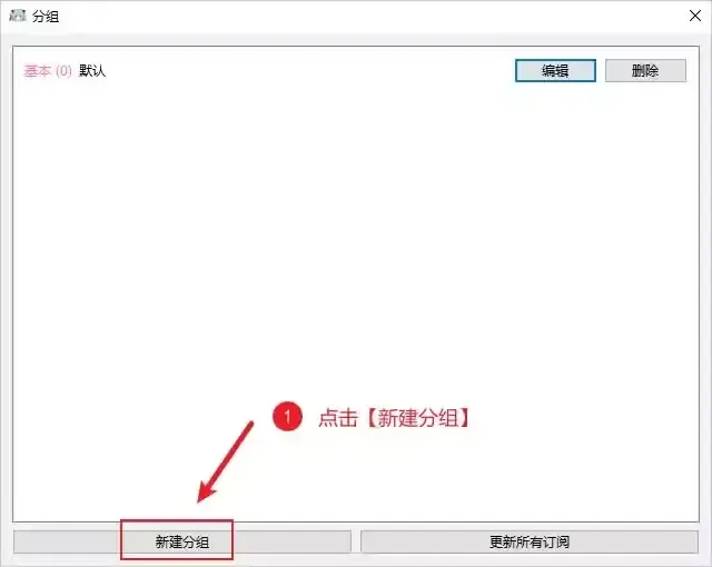 NekoRay 的分组窗口，列表里只有一行基本 (0) 默认，左下角的新建分组按钮被红框和箭头标出，右下角是更新所有订阅