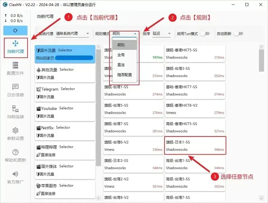 clashN 的当前代理页,规则模式的下拉菜单是展开的,左边一列是策略组,第一个叫国外流量,右边一个 346 ms 的日本节点被红框圈出