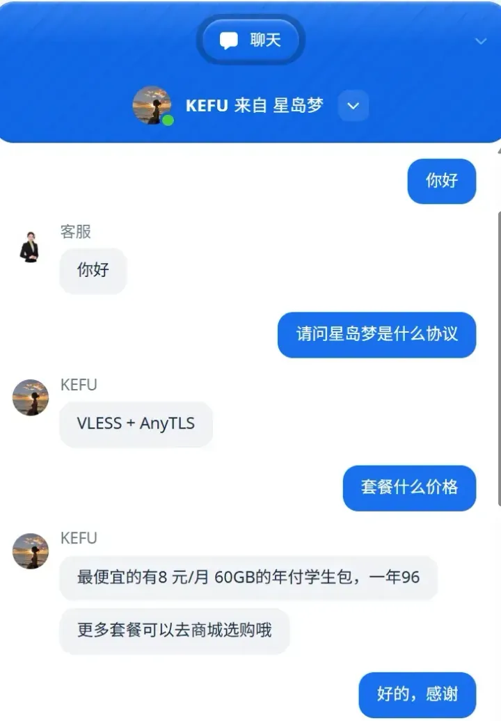 官网在线客服对话,客服回答协议是 VLESS 加 AnyTLS,年付学生包一年 96 元